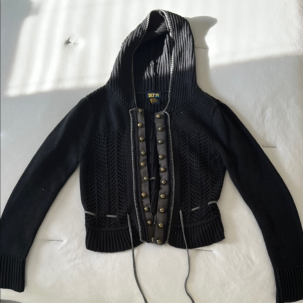 Women’s Navy Blue Knitted, Hooded Sweater with Bronze Button Details